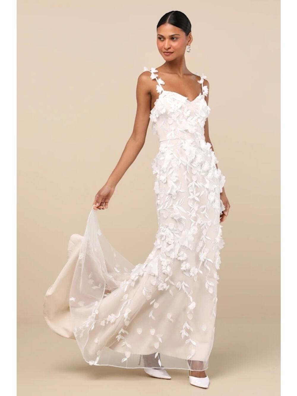 NWT ELLIATT & Lulus Kore White and Beige 3D Floral Mermaid Maxi Wedding Dress L